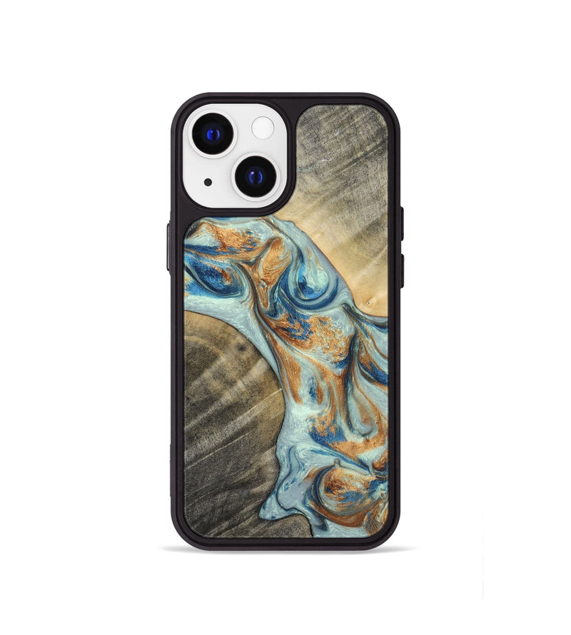 iPhone 13 mini Wood+Resin Phone Case - Jaelyn (Teal & Gold, 696504)