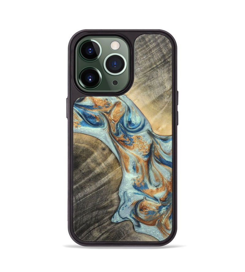 iPhone 13 Pro Wood+Resin Phone Case - Jaelyn (Teal & Gold, 696504)