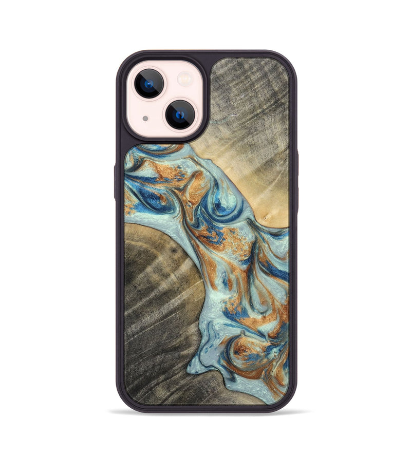 iPhone 14 Wood+Resin Phone Case - Jaelyn (Teal & Gold, 696504)