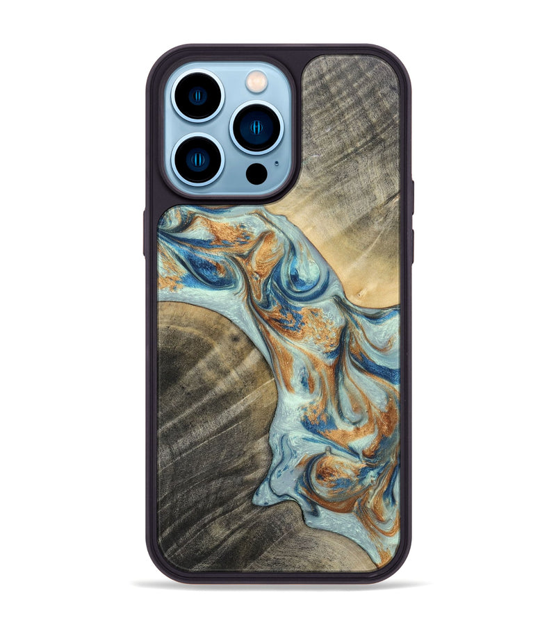 iPhone 14 Pro Max Wood+Resin Phone Case - Jaelyn (Teal & Gold, 696504)