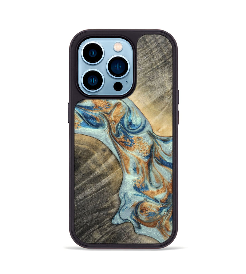 iPhone 14 Pro Wood+Resin Phone Case - Jaelyn (Teal & Gold, 696504)