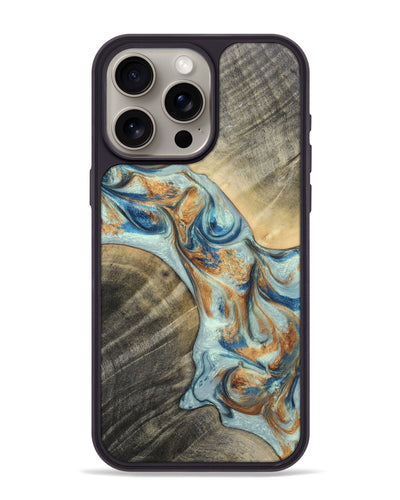 iPhone 15 Pro Max Wood+Resin Phone Case - Jaelyn (Teal & Gold, 696504)