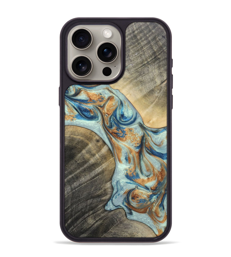 iPhone 15 Pro Max Wood+Resin Phone Case - Jaelyn (Teal & Gold, 696504)