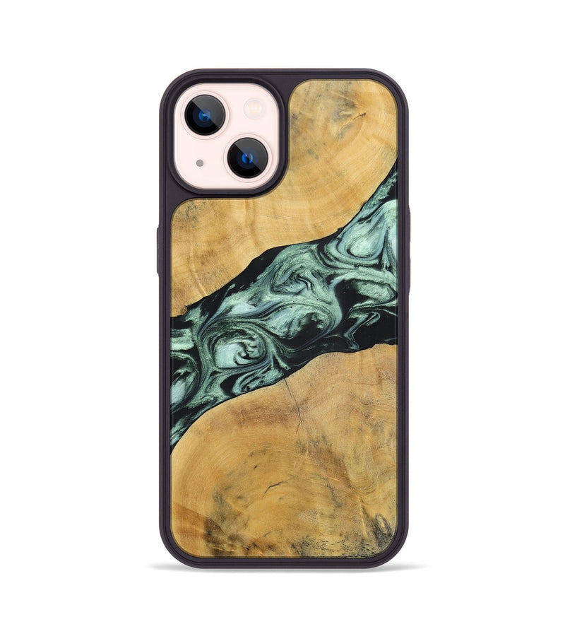 iPhone 14 Wood+Resin Phone Case - Deloris (Green, 696685)