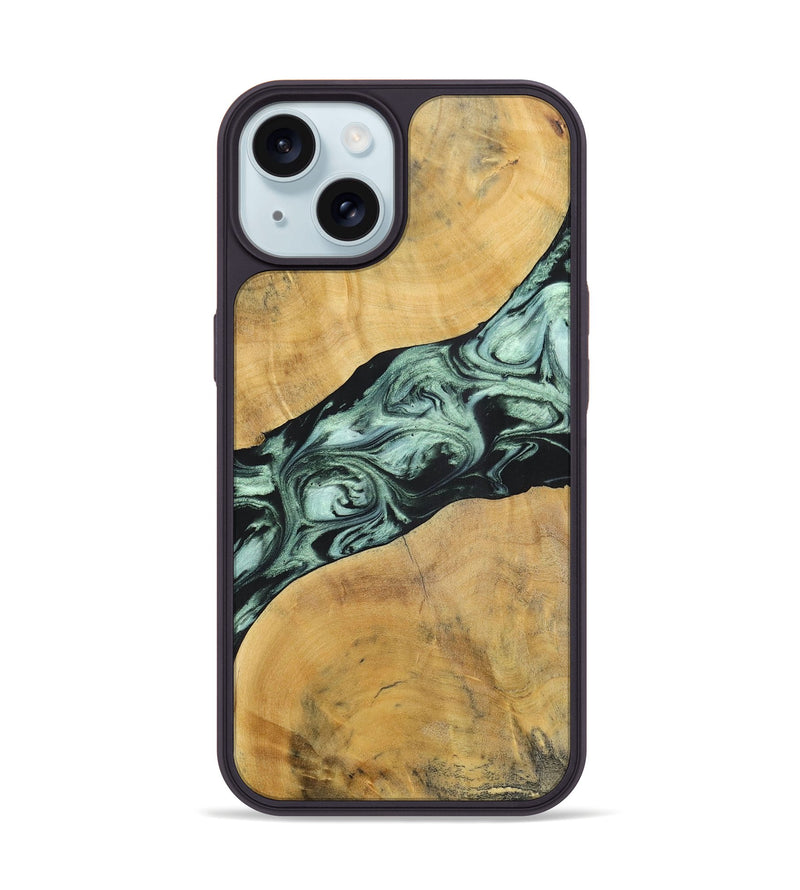 iPhone 15 Wood+Resin Phone Case - Deloris (Green, 696685)