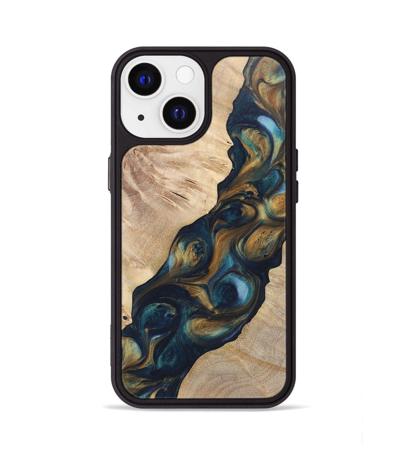 iPhone 13 Wood+Resin Phone Case - Lia (Teal & Gold, 696741)