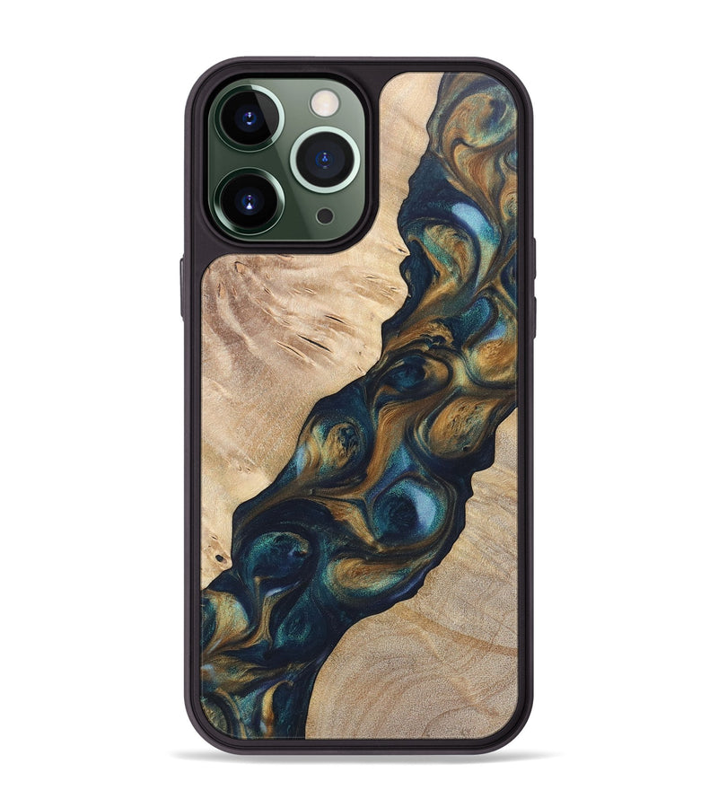 iPhone 13 Pro Max Wood+Resin Phone Case - Lia (Teal & Gold, 696741)