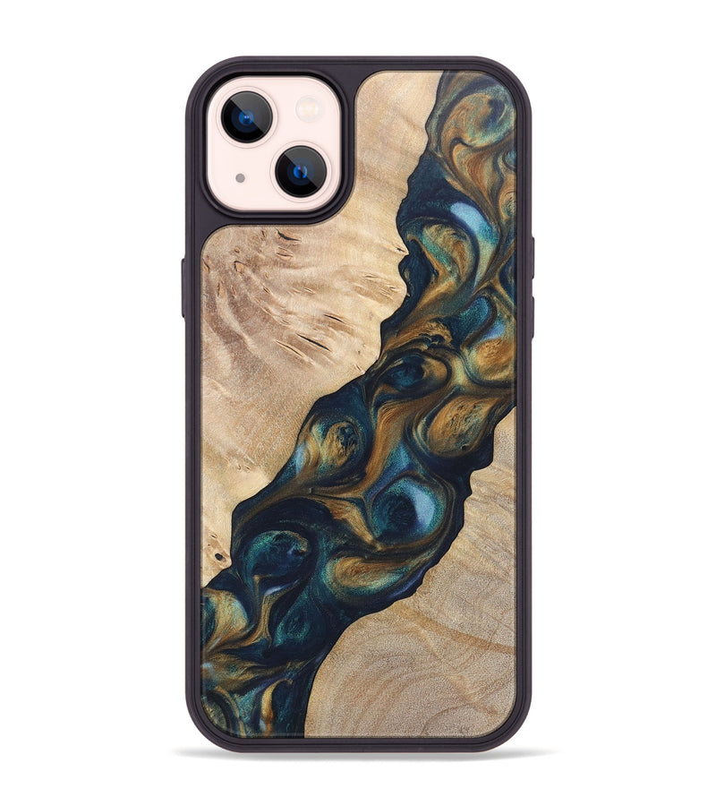 iPhone 14 Plus Wood+Resin Phone Case - Lia (Teal & Gold, 696741)