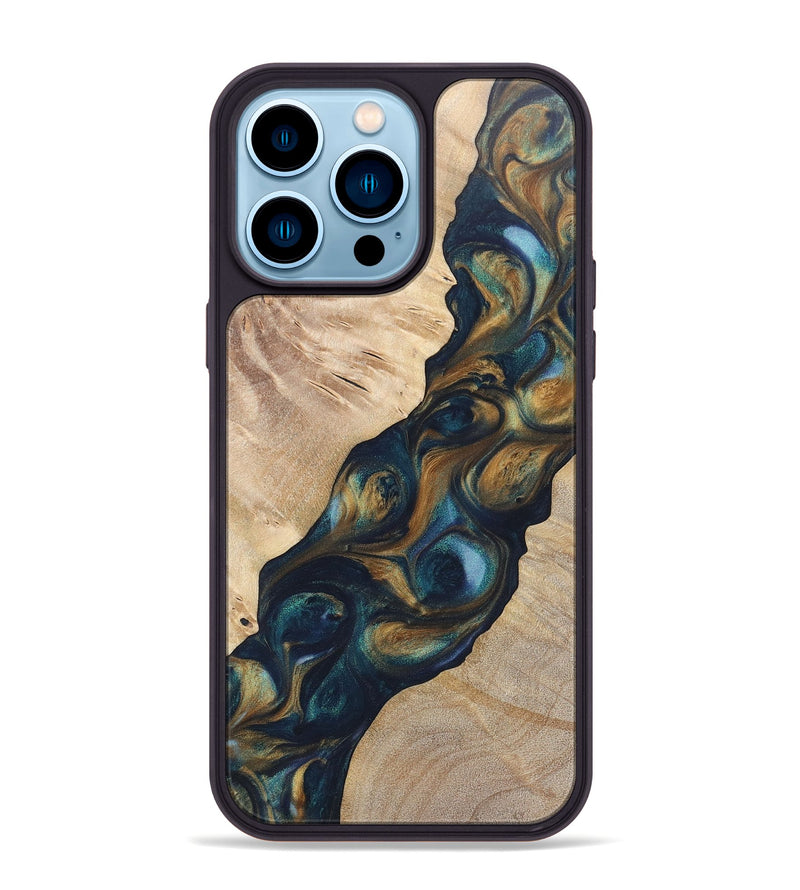 iPhone 14 Pro Max Wood+Resin Phone Case - Lia (Teal & Gold, 696741)