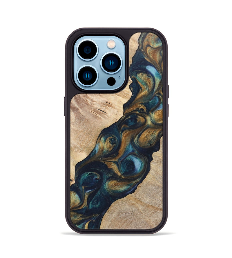 iPhone 14 Pro Wood+Resin Phone Case - Lia (Teal & Gold, 696741)