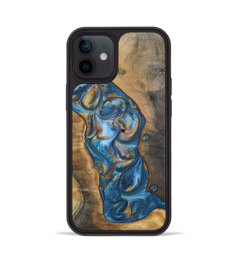 iPhone 12 Wood+Resin Phone Case - Riley (Teal & Gold, 696742)