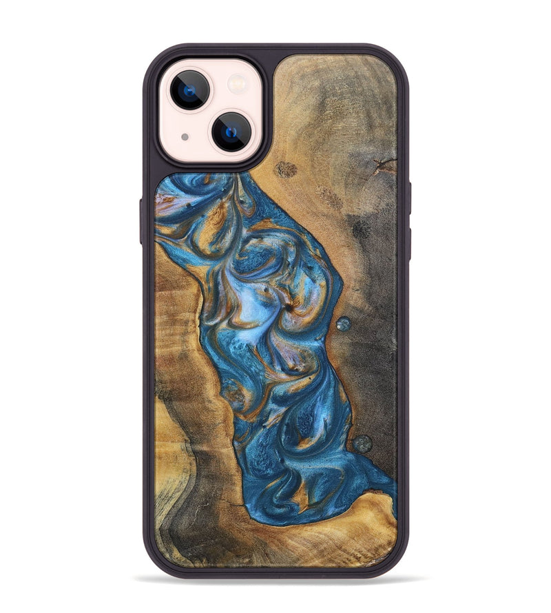 iPhone 14 Plus Wood+Resin Phone Case - Riley (Teal & Gold, 696742)