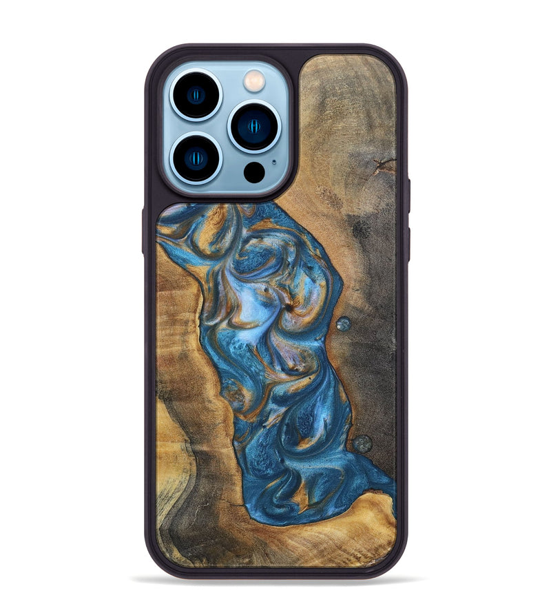iPhone 14 Pro Max Wood+Resin Phone Case - Riley (Teal & Gold, 696742)