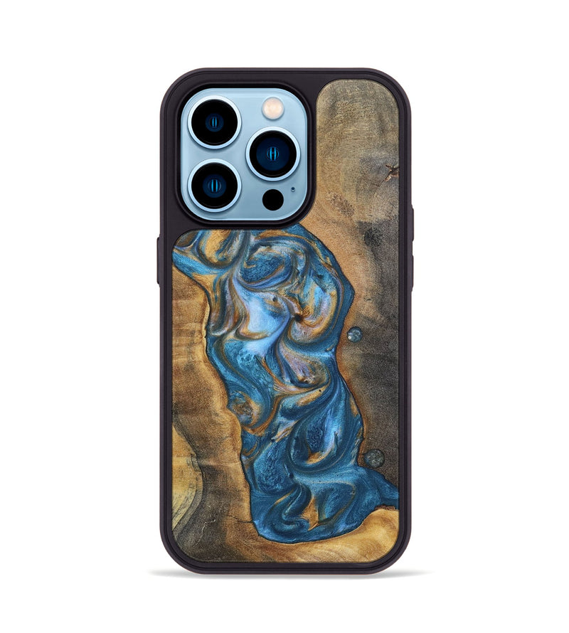 iPhone 14 Pro Wood+Resin Phone Case - Riley (Teal & Gold, 696742)