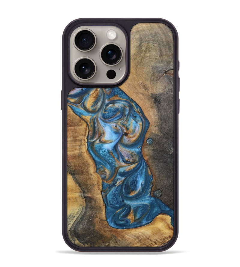 iPhone 15 Pro Max Wood+Resin Phone Case - Riley (Teal & Gold, 696742)