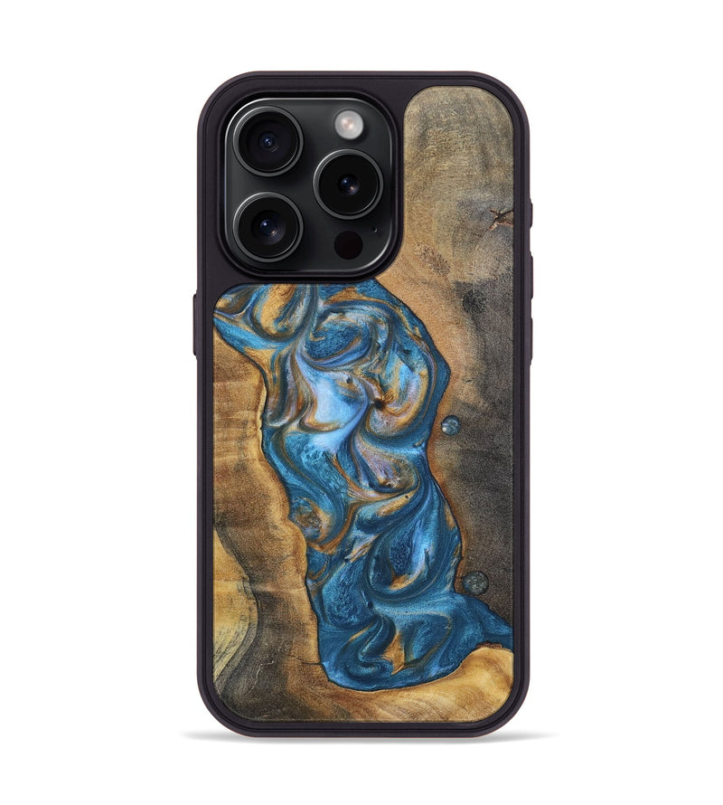 iPhone 15 Pro Wood+Resin Phone Case - Riley (Teal & Gold, 696742)