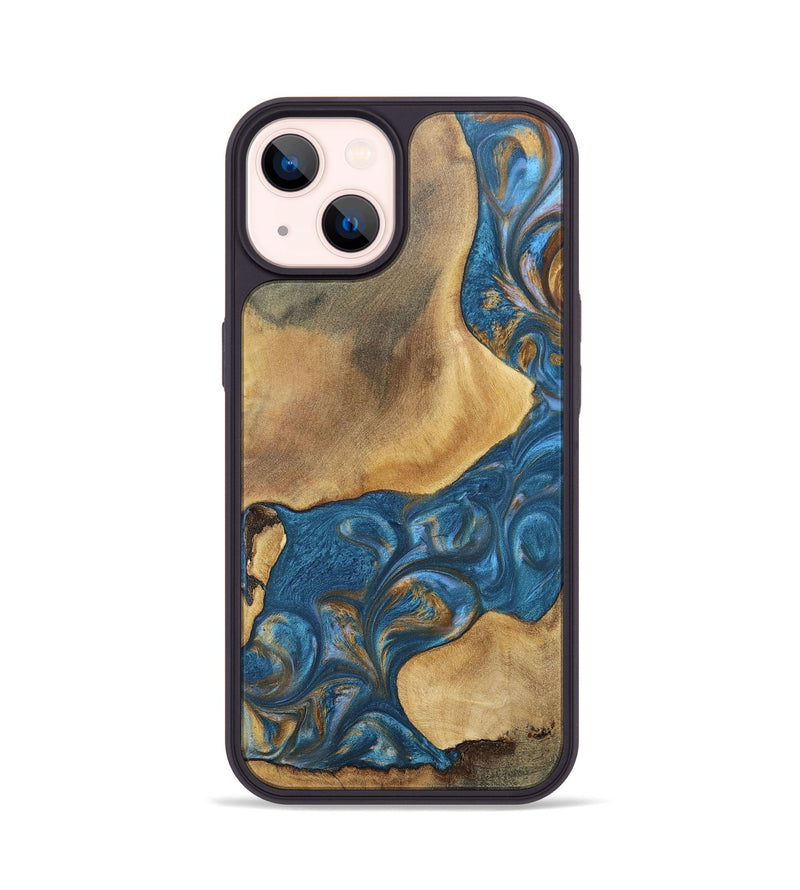 iPhone 14 Wood+Resin Phone Case - Kinsley (Teal & Gold, 696746)