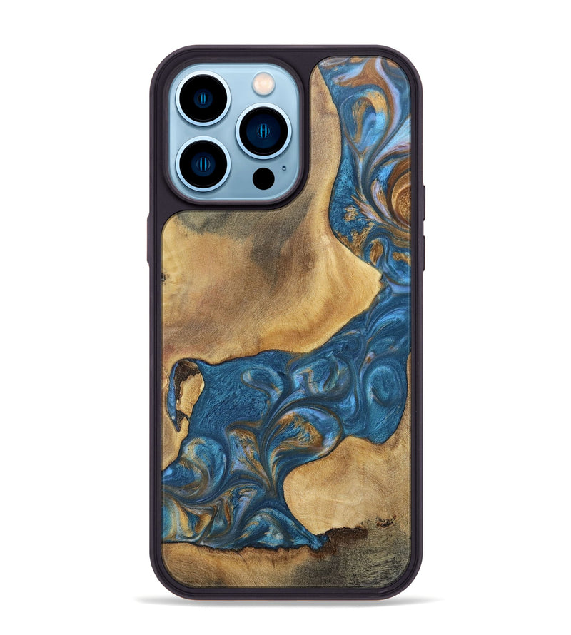 iPhone 14 Pro Max Wood+Resin Phone Case - Kinsley (Teal & Gold, 696746)