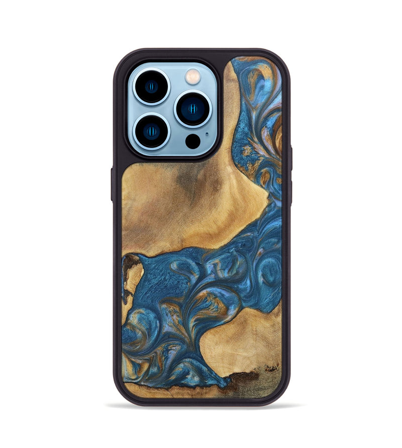 iPhone 14 Pro Wood+Resin Phone Case - Kinsley (Teal & Gold, 696746)