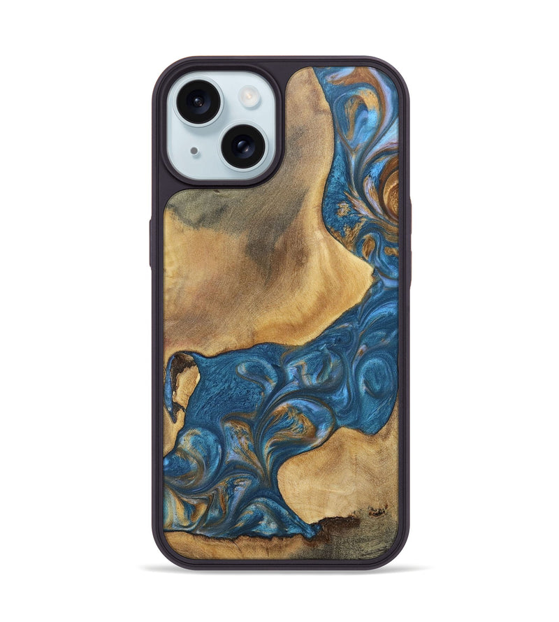 iPhone 15 Wood+Resin Phone Case - Kinsley (Teal & Gold, 696746)