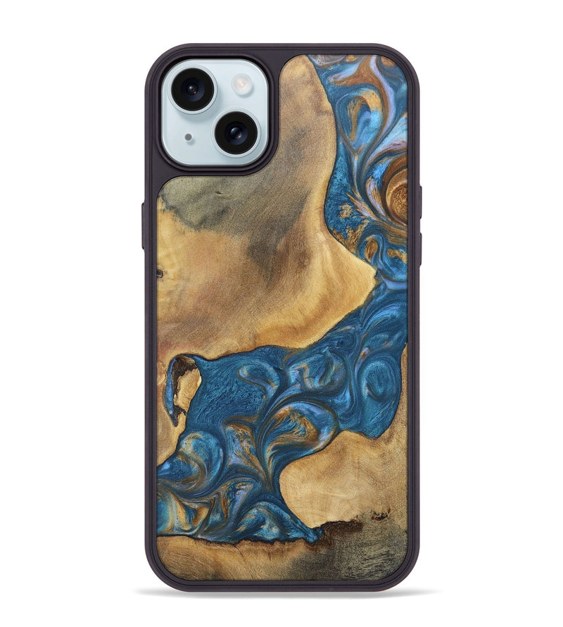 iPhone 15 Plus Wood+Resin Phone Case - Kinsley (Teal & Gold, 696746)