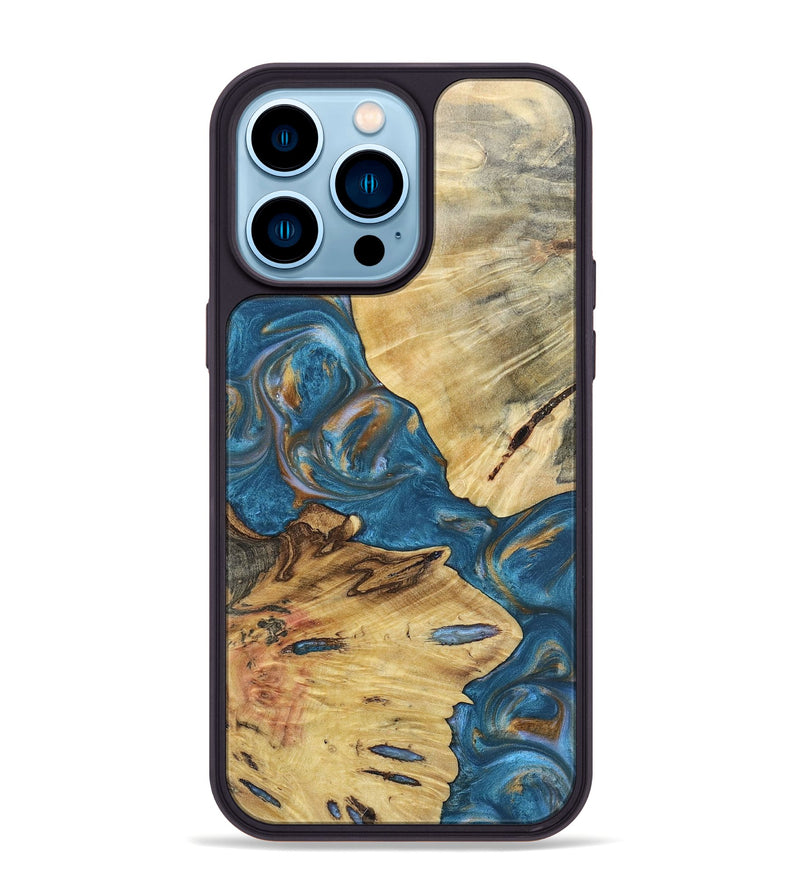iPhone 14 Pro Max Wood+Resin Phone Case - Kinsley (Teal & Gold, 696752)