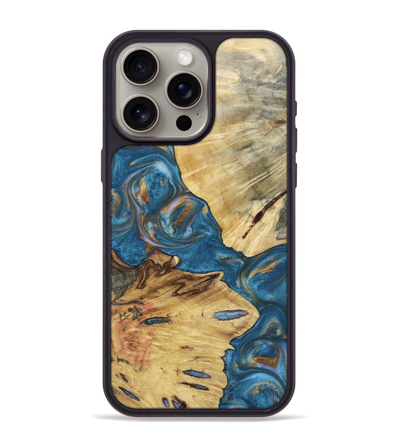 iPhone 15 Pro Max Wood+Resin Phone Case - Kinsley (Teal & Gold, 696752)