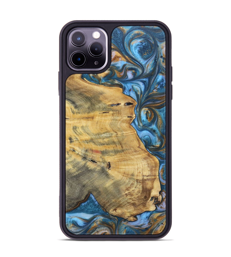 iPhone 11 Pro Max Wood+Resin Phone Case - Janice (Teal & Gold, 696759)