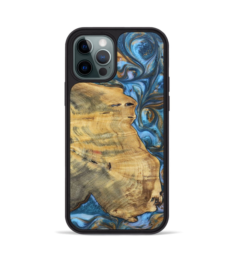 iPhone 12 Pro Wood+Resin Phone Case - Janice (Teal & Gold, 696759)