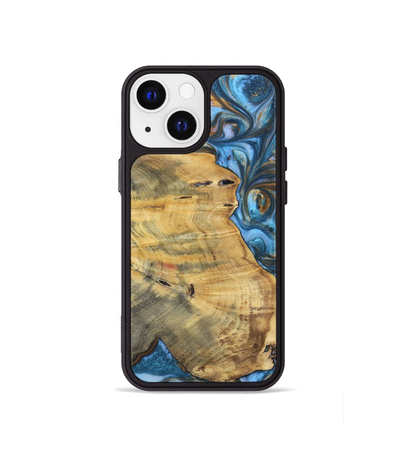 iPhone 13 mini Wood+Resin Phone Case - Janice (Teal & Gold, 696759)