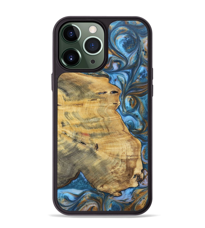 iPhone 13 Pro Max Wood+Resin Phone Case - Janice (Teal & Gold, 696759)