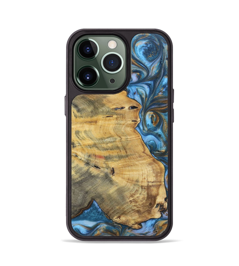 iPhone 13 Pro Wood+Resin Phone Case - Janice (Teal & Gold, 696759)