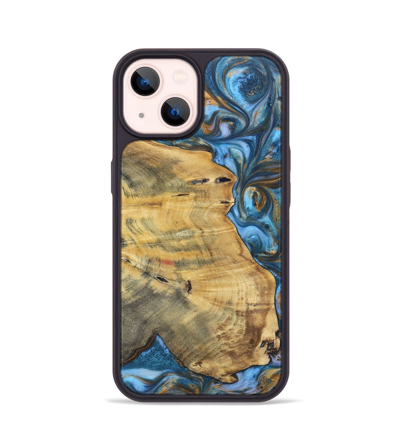 iPhone 14 Wood+Resin Phone Case - Janice (Teal & Gold, 696759)