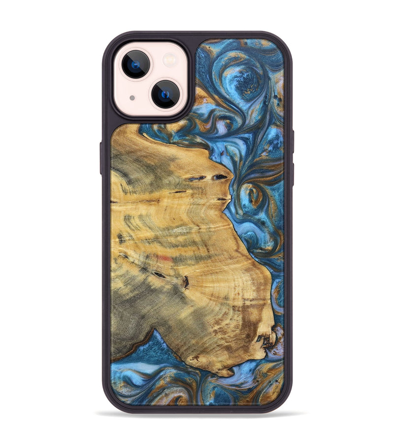 iPhone 14 Plus Wood+Resin Phone Case - Janice (Teal & Gold, 696759)