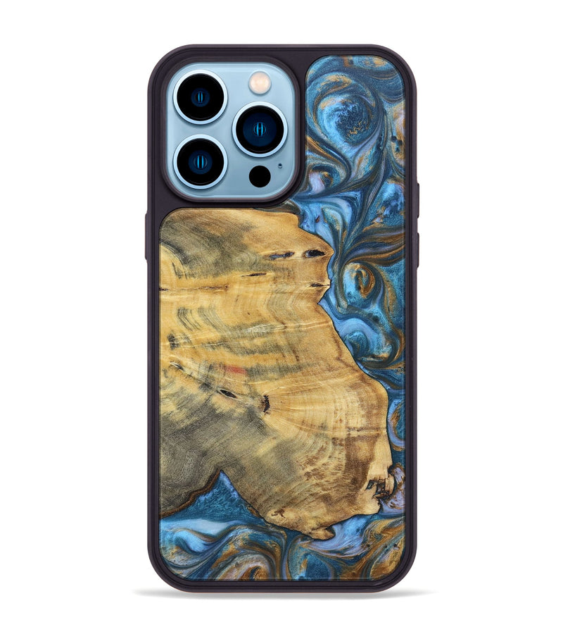 iPhone 14 Pro Max Wood+Resin Phone Case - Janice (Teal & Gold, 696759)