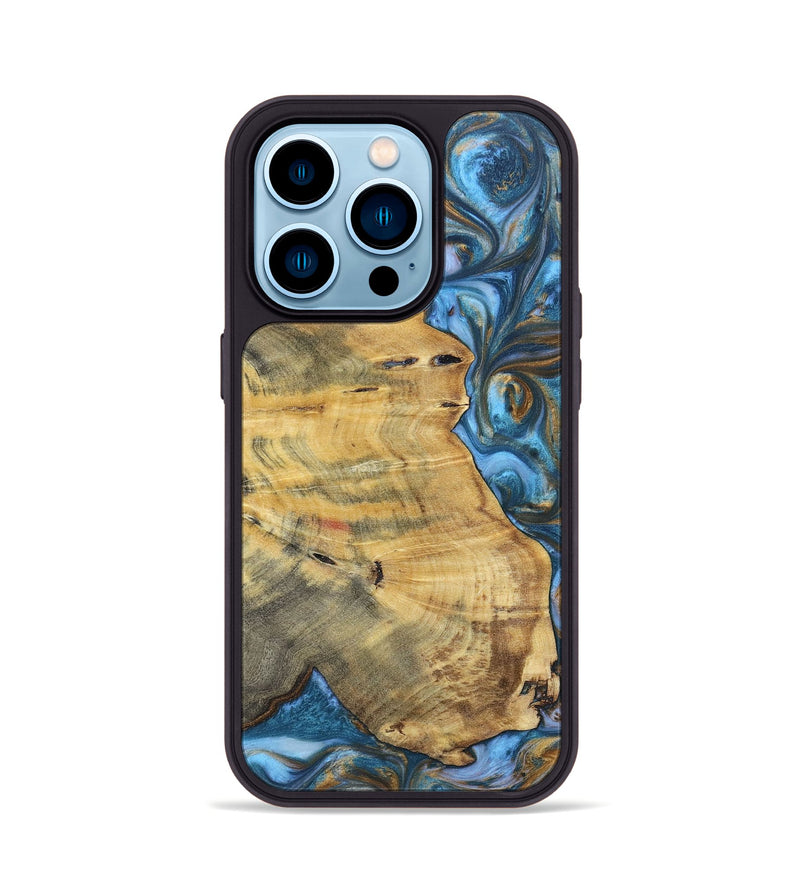 iPhone 14 Pro Wood+Resin Phone Case - Janice (Teal & Gold, 696759)