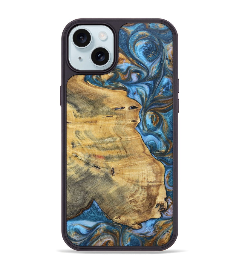 iPhone 15 Plus Wood+Resin Phone Case - Janice (Teal & Gold, 696759)