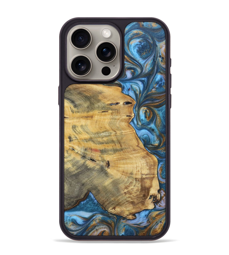 iPhone 15 Pro Max Wood+Resin Phone Case - Janice (Teal & Gold, 696759)