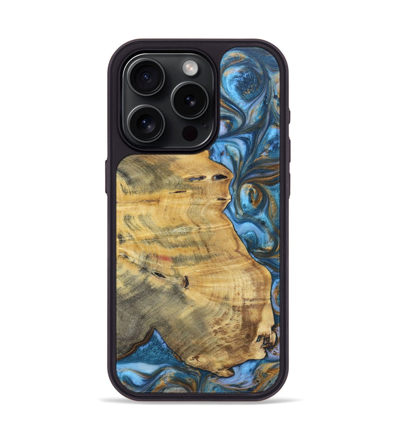 iPhone 15 Pro Wood+Resin Phone Case - Janice (Teal & Gold, 696759)