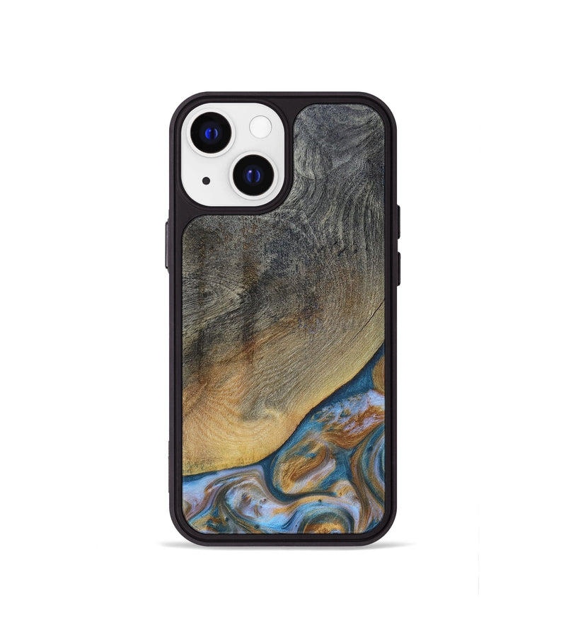 iPhone 13 mini Wood+Resin Phone Case - Yvette (Teal & Gold, 696764)