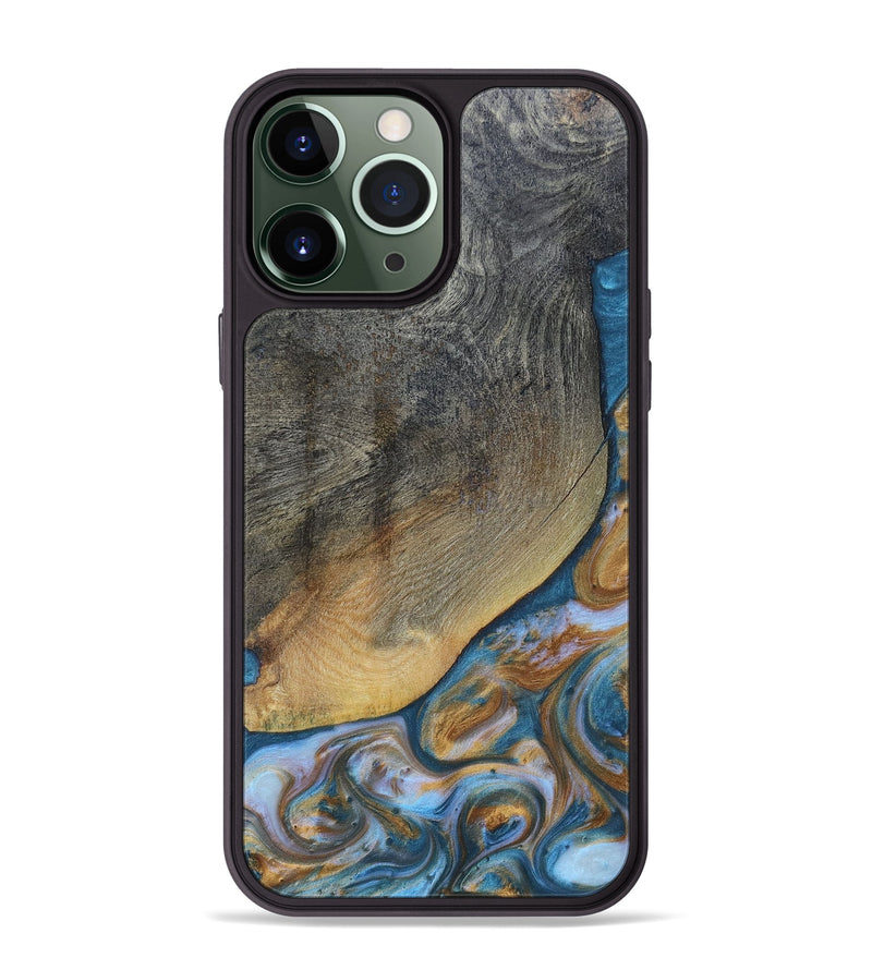 iPhone 13 Pro Max Wood+Resin Phone Case - Yvette (Teal & Gold, 696764)