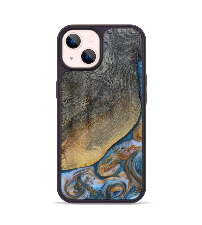 iPhone 14 Wood+Resin Phone Case - Yvette (Teal & Gold, 696764)