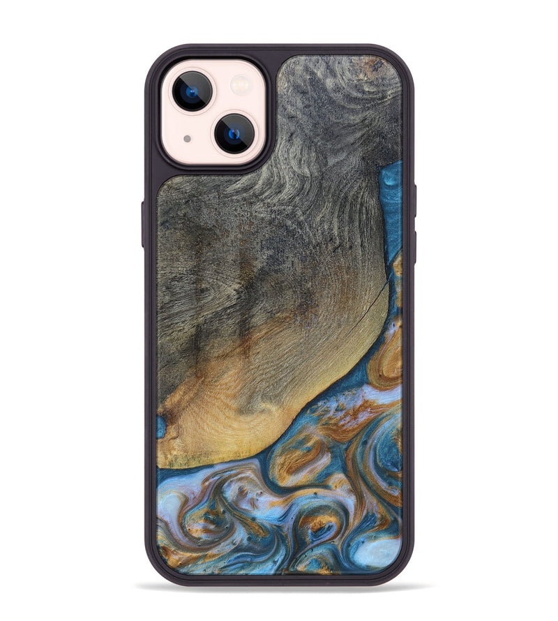 iPhone 14 Plus Wood+Resin Phone Case - Yvette (Teal & Gold, 696764)