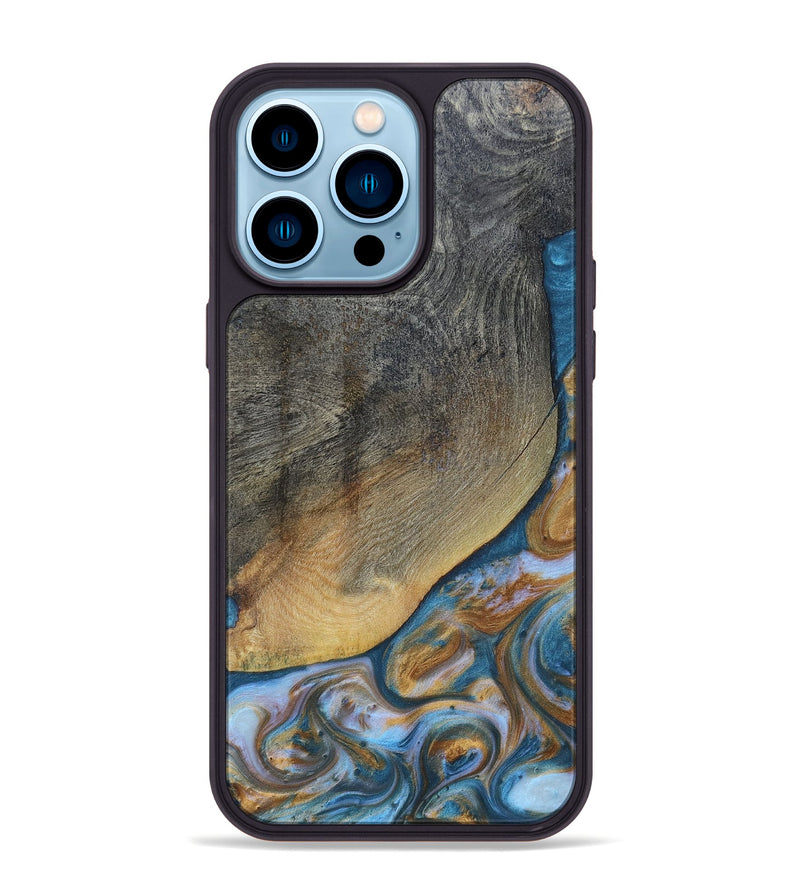 iPhone 14 Pro Max Wood+Resin Phone Case - Yvette (Teal & Gold, 696764)