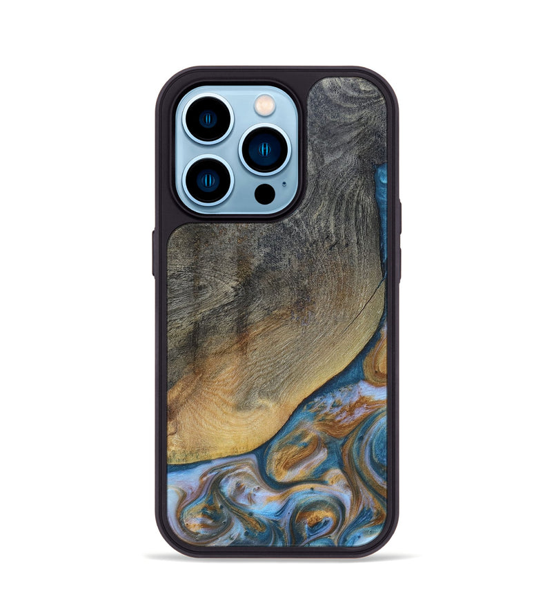 iPhone 14 Pro Wood+Resin Phone Case - Yvette (Teal & Gold, 696764)