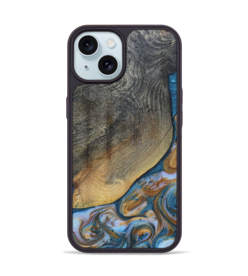 iPhone 15 Wood+Resin Phone Case - Yvette (Teal & Gold, 696764)