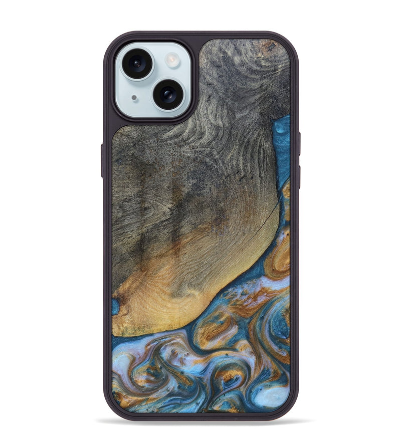 iPhone 15 Plus Wood+Resin Phone Case - Yvette (Teal & Gold, 696764)