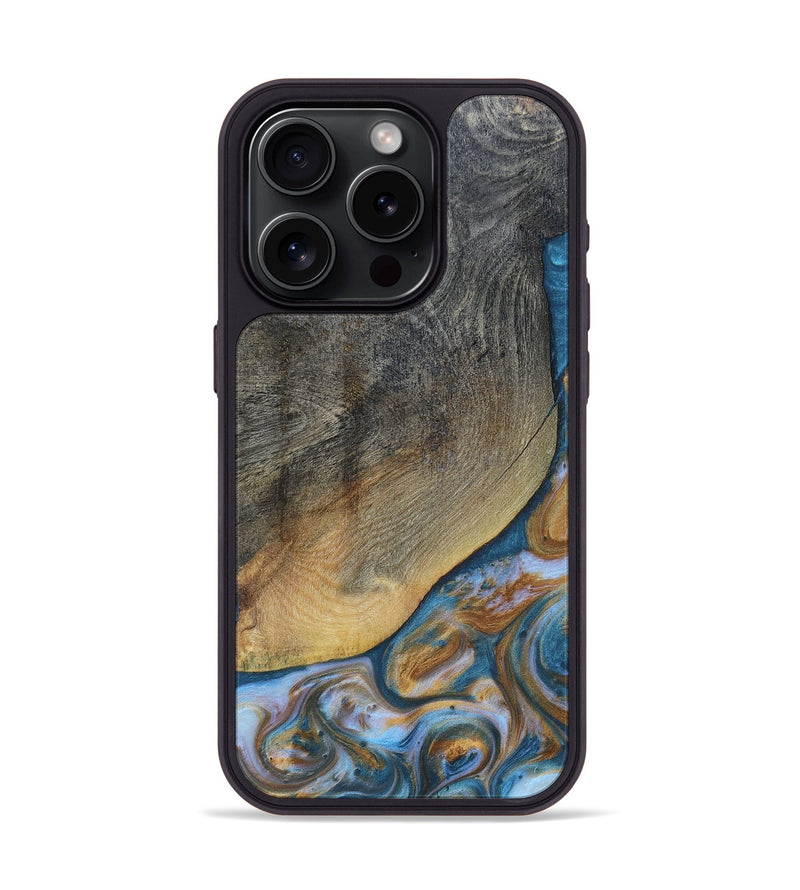 iPhone 15 Pro Wood+Resin Phone Case - Yvette (Teal & Gold, 696764)