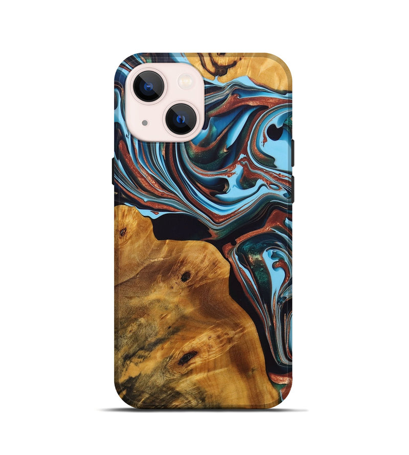 iPhone 13 mini Wood+Resin Live Edge Phone Case - Arturo (Teal & Gold, 696804)