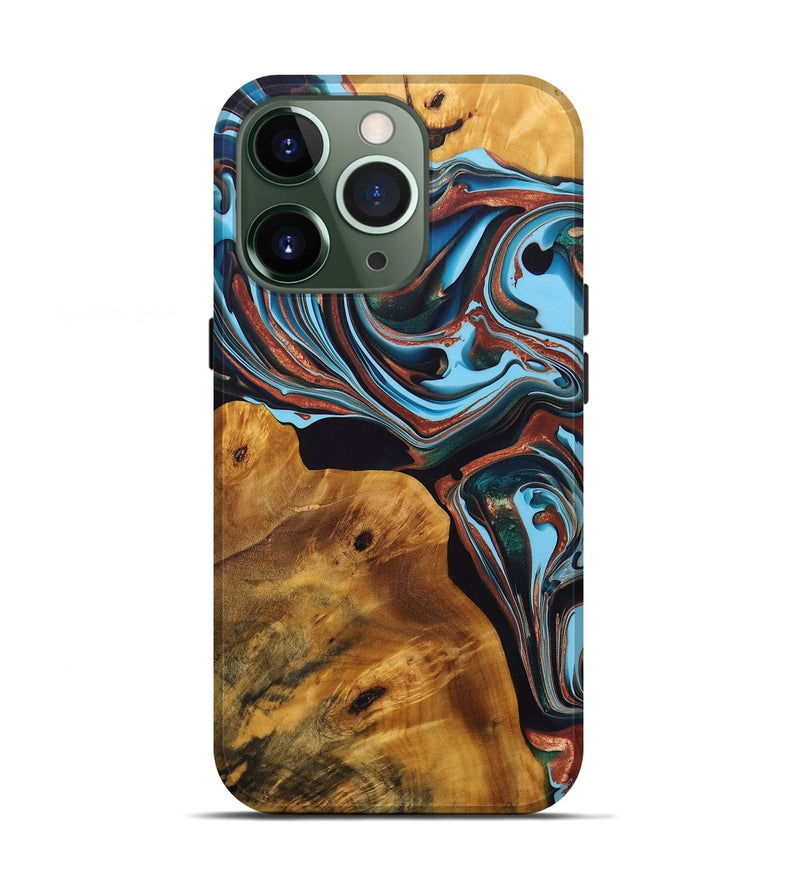 iPhone 13 Pro Wood+Resin Live Edge Phone Case - Arturo (Teal & Gold, 696804)